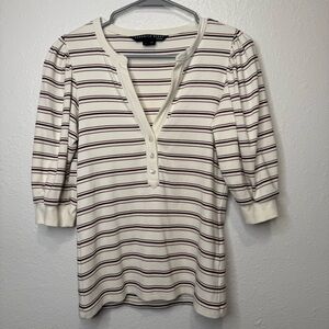 Veronica Beard Amity Striped Ribbed Knit Button Up Henley Puff Sleeve Size Small